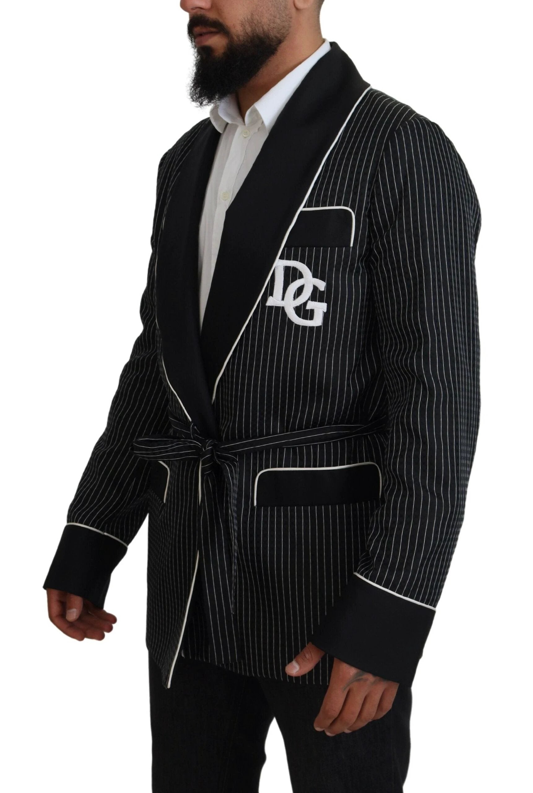 Dolce & Gabbana Black Robe Striped DG Patch Jacket Men Blazer by Dolce & Gabbana