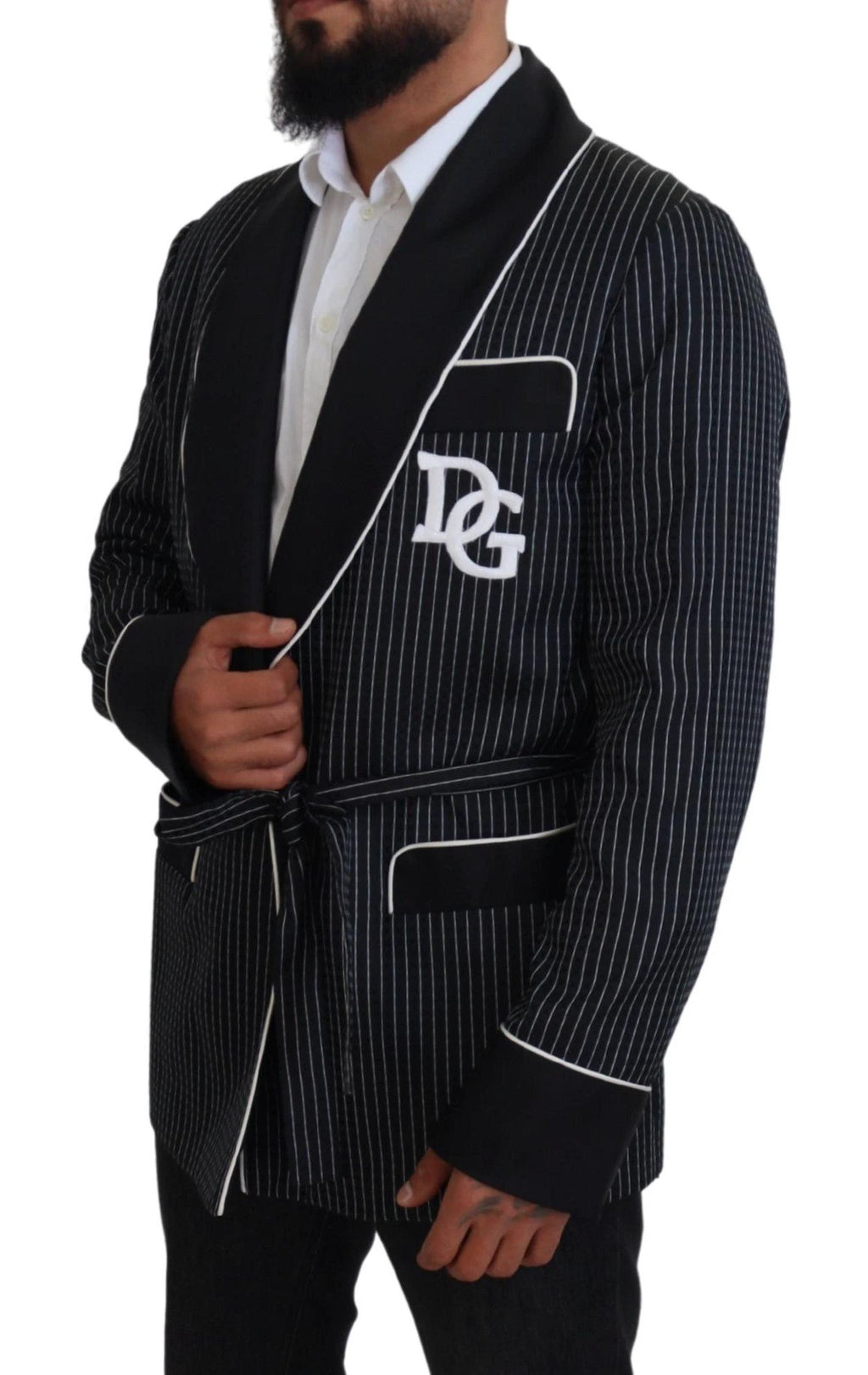 Dolce & Gabbana Black Robe Striped DG Patch Jacket Men Blazer by Dolce & Gabbana