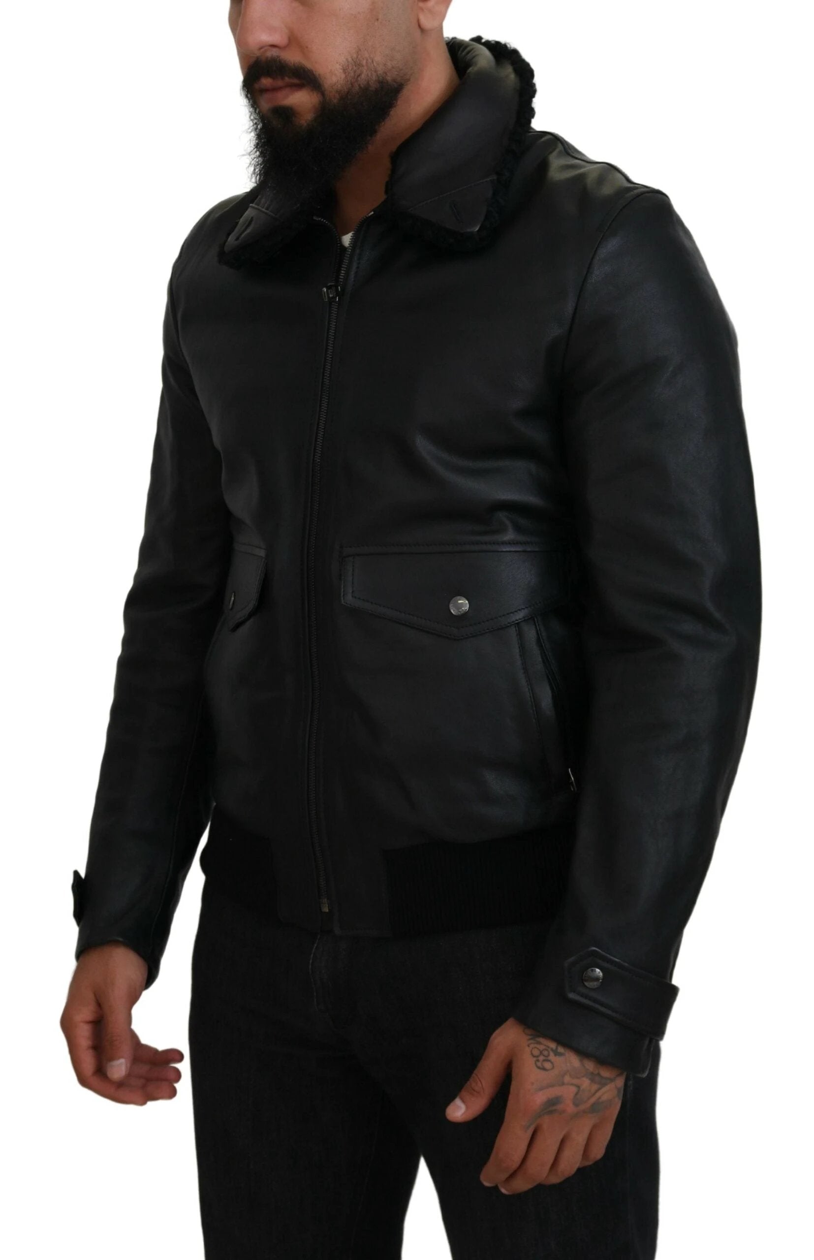 Dolce & Gabbana Black Lamb Leather Collared Men Coat Jacket by Dolce & Gabbana