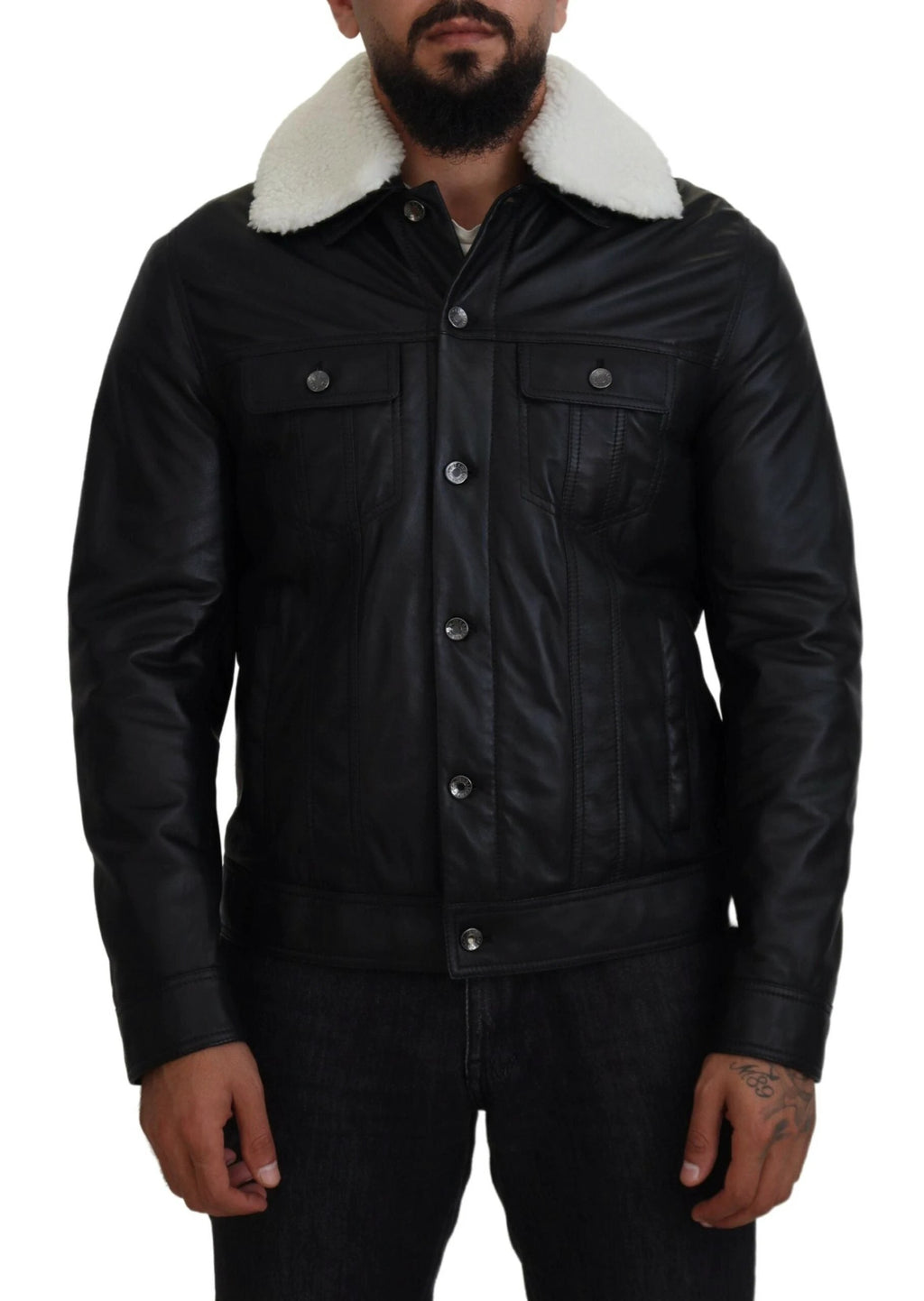 Dolce & Gabbana Black Lamb Leather Collared Men Coat Jacket by Dolce & Gabbana