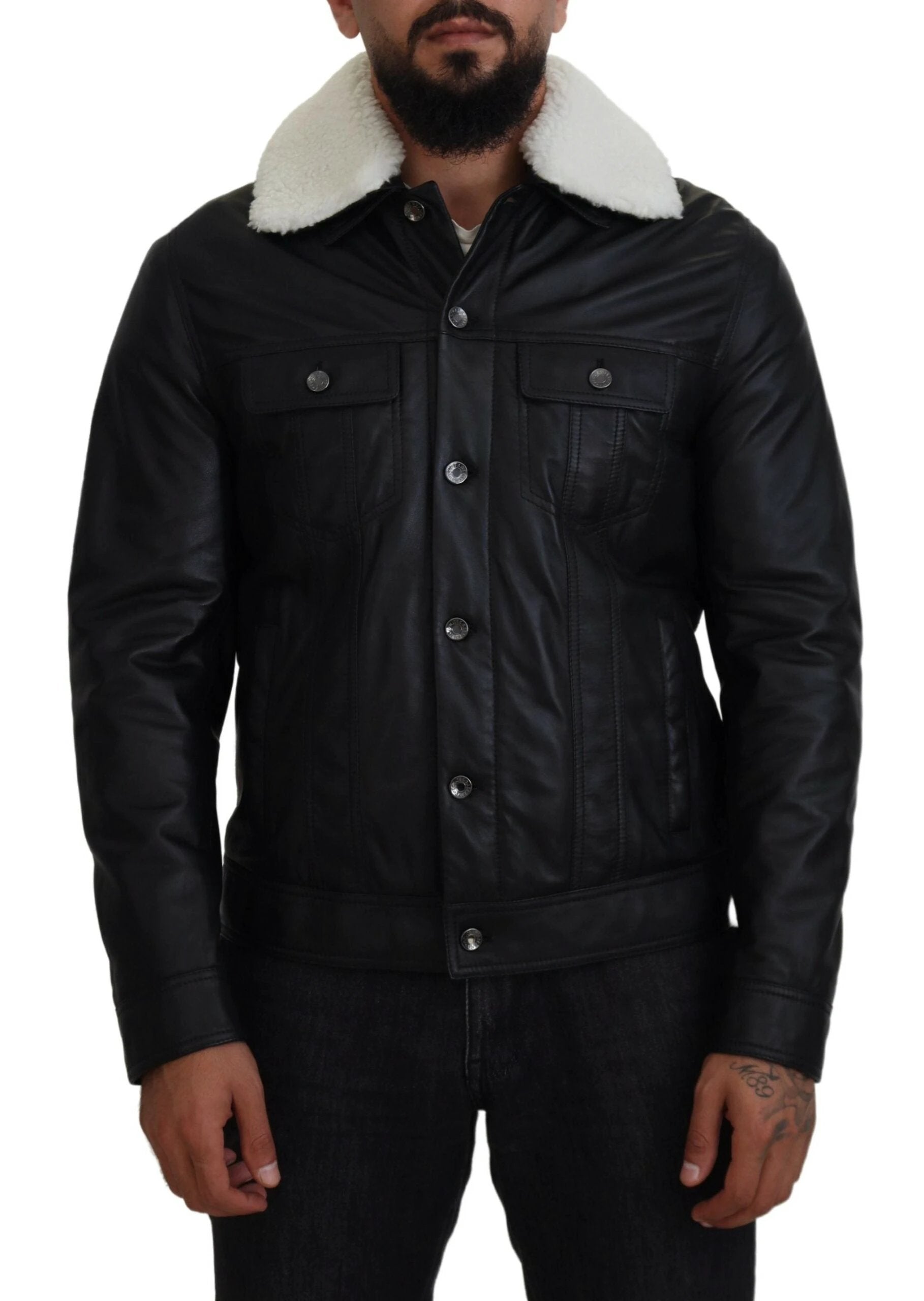 Dolce & Gabbana Black Lamb Leather Collared Men Coat Jacket by Dolce & Gabbana