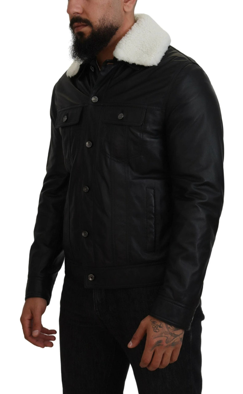 Dolce & Gabbana Black Lamb Leather Collared Men Coat Jacket by Dolce & Gabbana