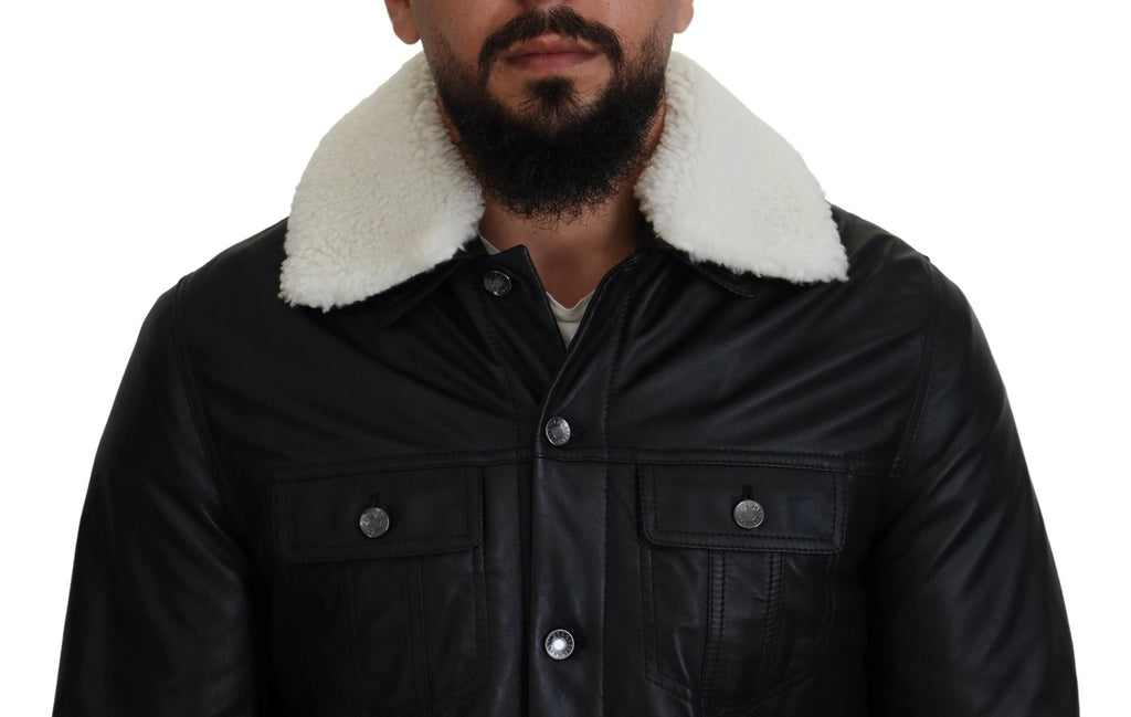 Dolce & Gabbana Black Lamb Leather Collared Men Coat Jacket by Dolce & Gabbana