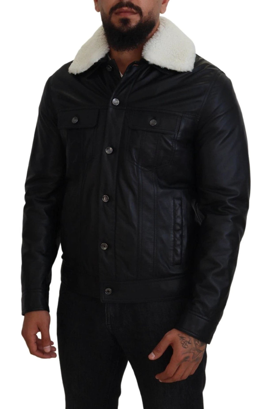 Dolce & Gabbana Black Lamb Leather Collared Men Coat Jacket by Dolce & Gabbana