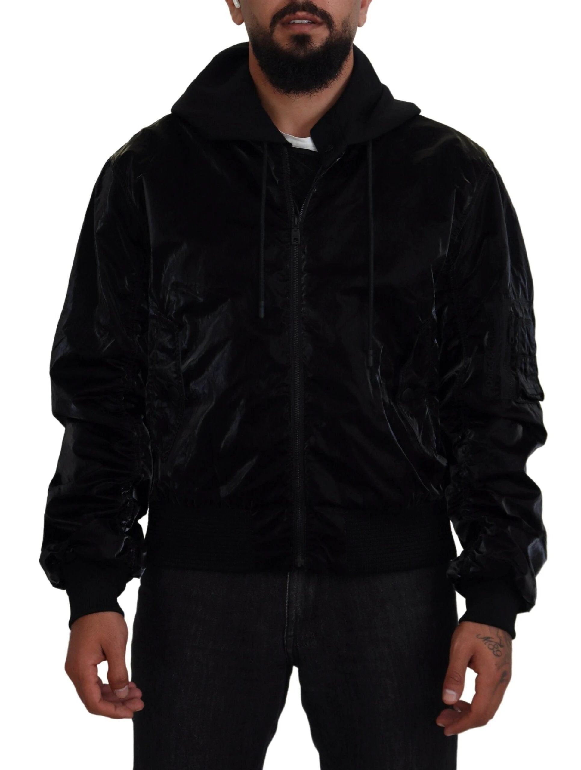 Dolce & Gabbana Black Nylon Hooded Full Zip Bomber Jacket by Dolce & Gabbana