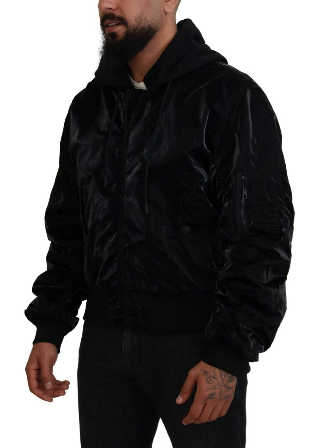 Dolce & Gabbana Black Nylon Hooded Full Zip Bomber Jacket by Dolce & Gabbana