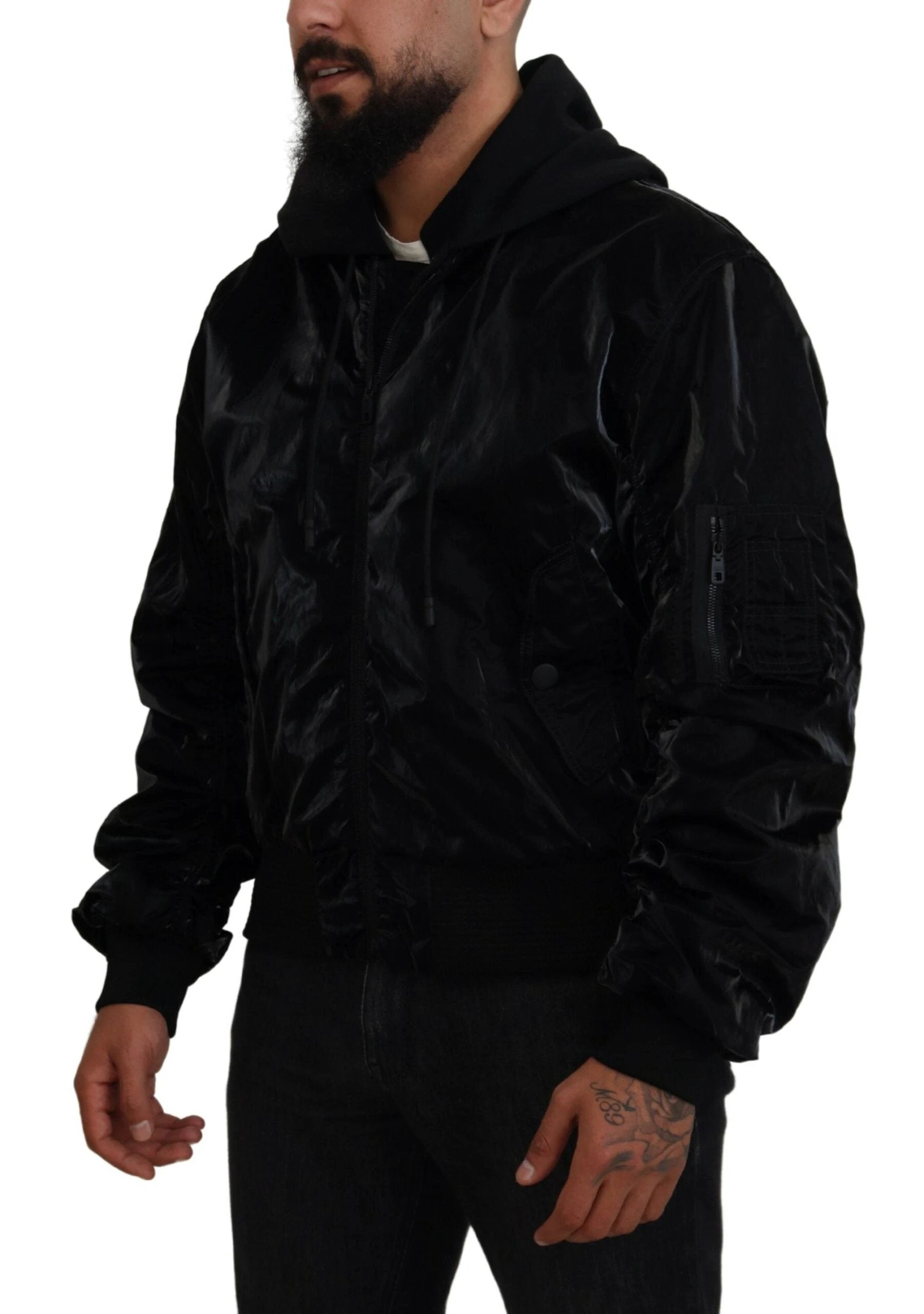 Dolce & Gabbana Black Nylon Hooded Full Zip Bomber Jacket by Dolce & Gabbana