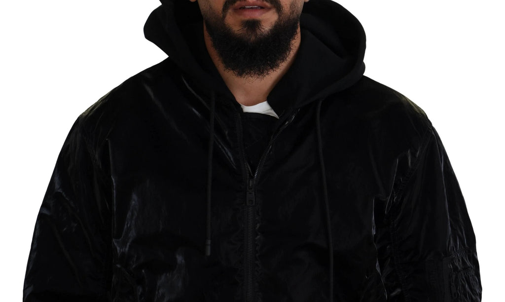 Dolce & Gabbana Black Nylon Hooded Full Zip Bomber Jacket by Dolce & Gabbana