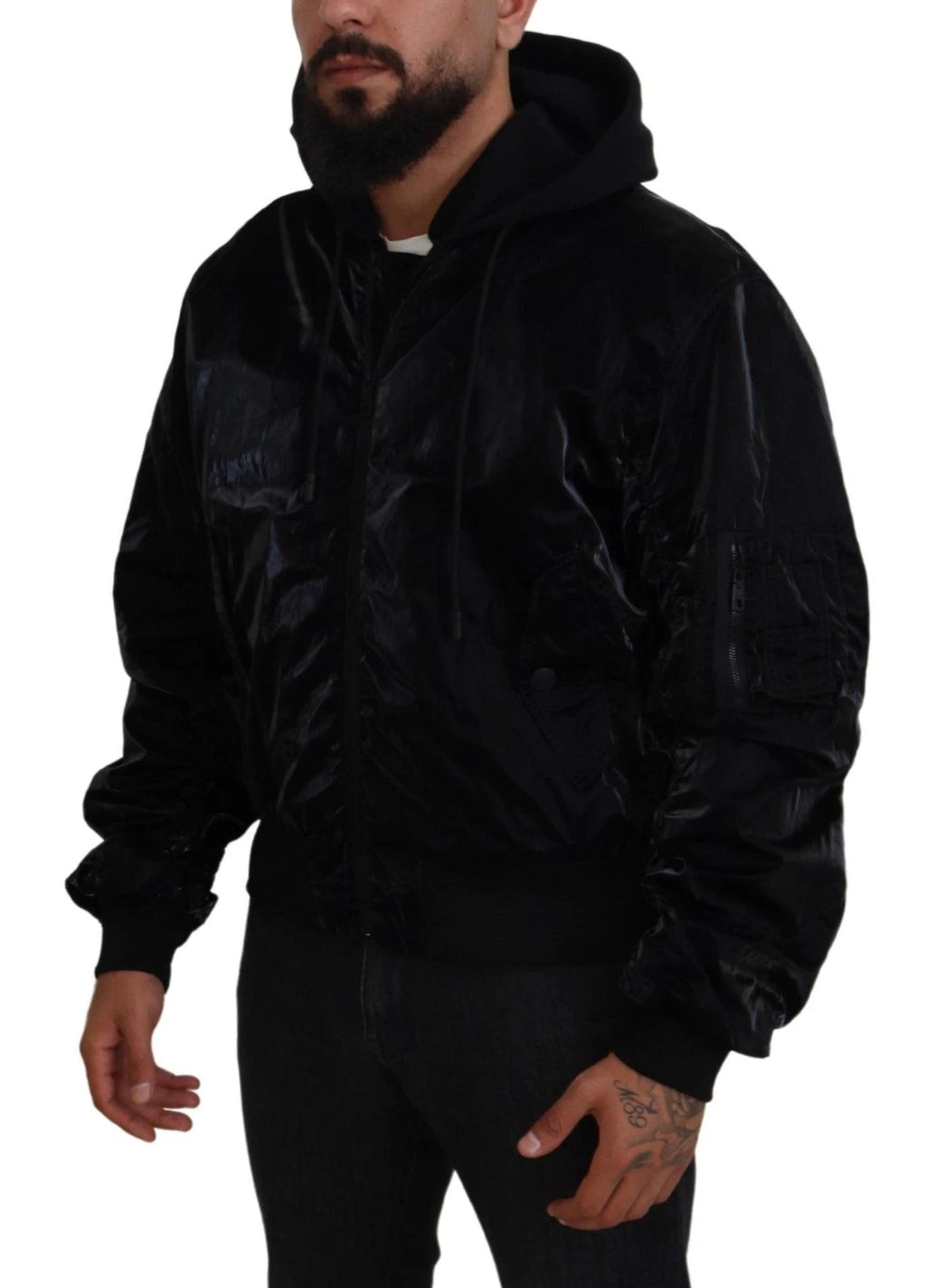 Dolce & Gabbana Black Nylon Hooded Full Zip Bomber Jacket by Dolce & Gabbana
