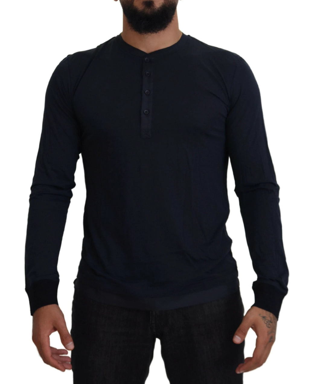 Dolce & Gabbana Blue Cotton Button Crewneck Pullover Sweater by Dolce & Gabbana