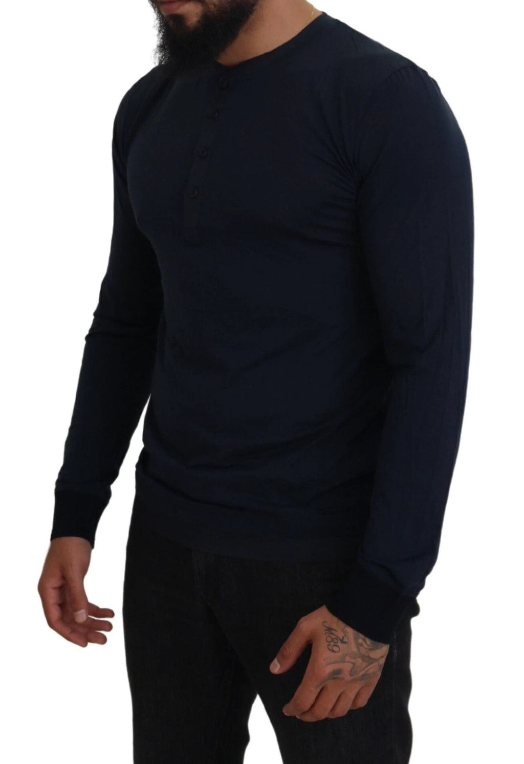 Dolce & Gabbana Blue Cotton Button Crewneck Pullover Sweater by Dolce & Gabbana