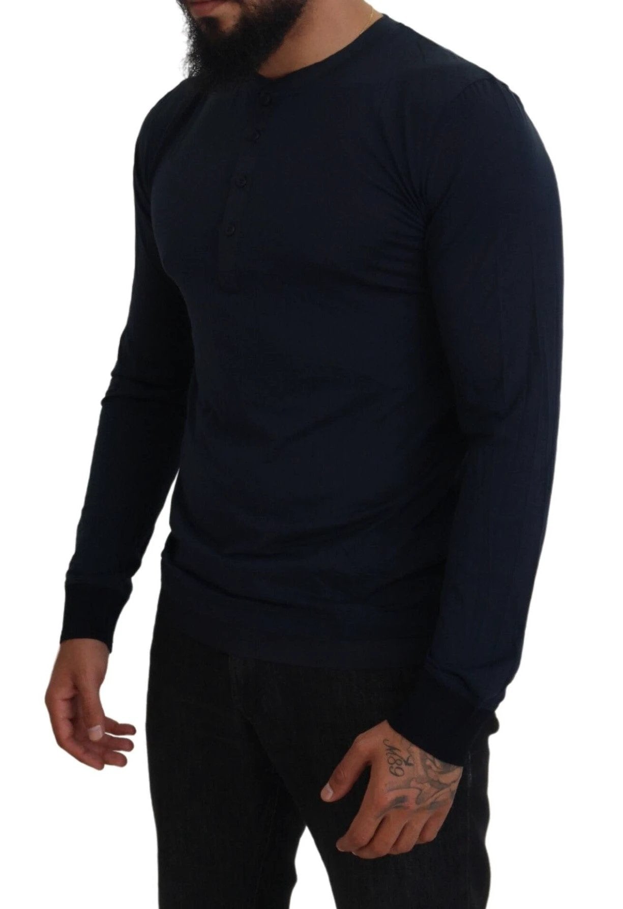 Dolce & Gabbana Blue Cotton Button Crewneck Pullover Sweater by Dolce & Gabbana