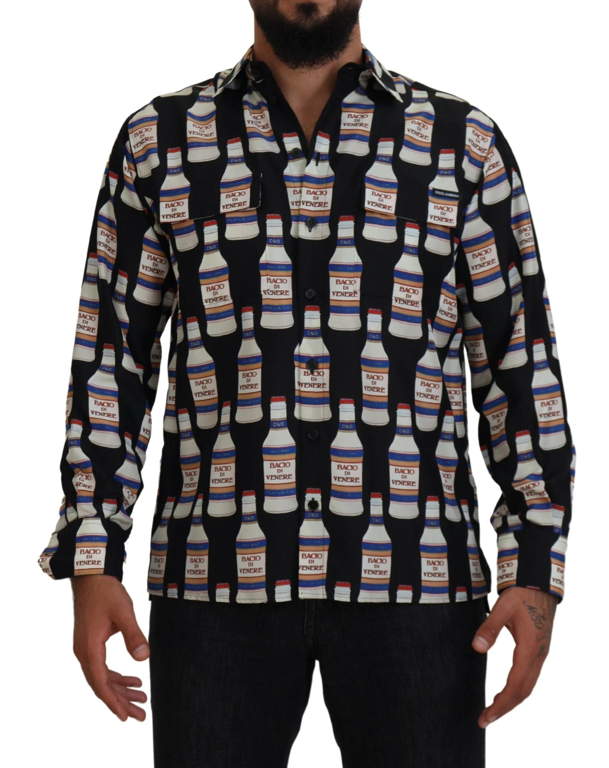 Dolce & Gabbana Black Silk Printed Collared Men Casual Shirt by Dolce & Gabbana