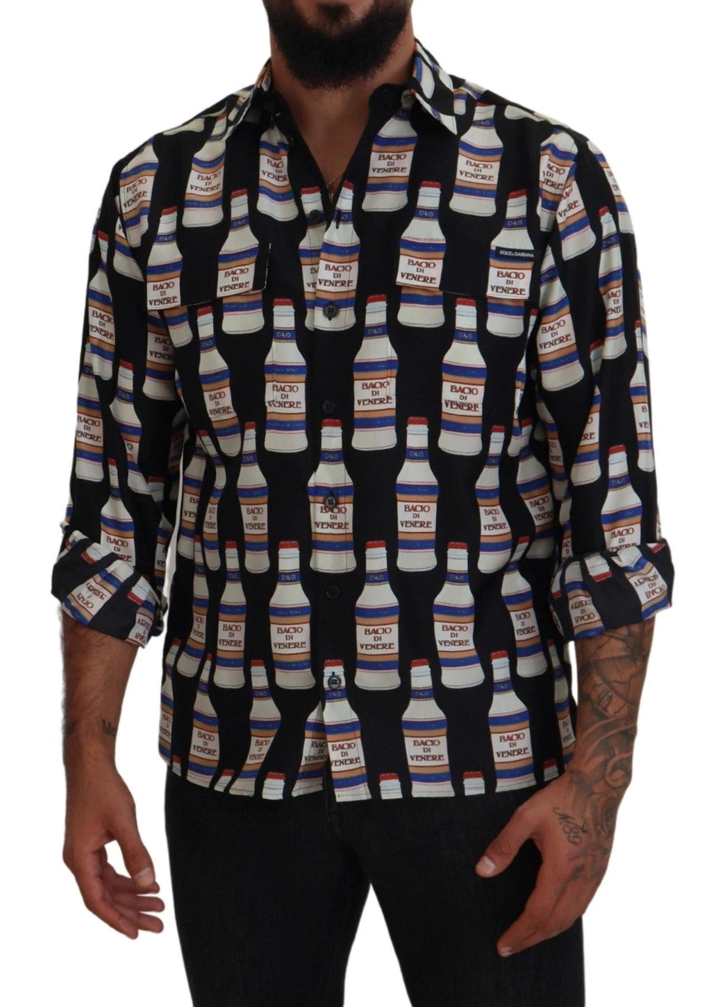 Dolce & Gabbana Black Silk Printed Collared Men Casual Shirt by Dolce & Gabbana