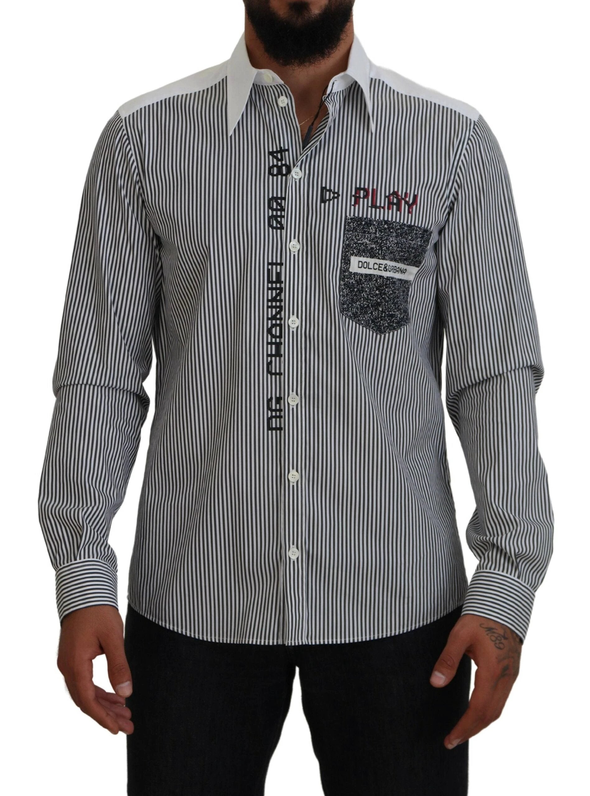 Dolce & Gabbana Black White Striped Printed Casual Cotton Shirt by Dolce & Gabbana