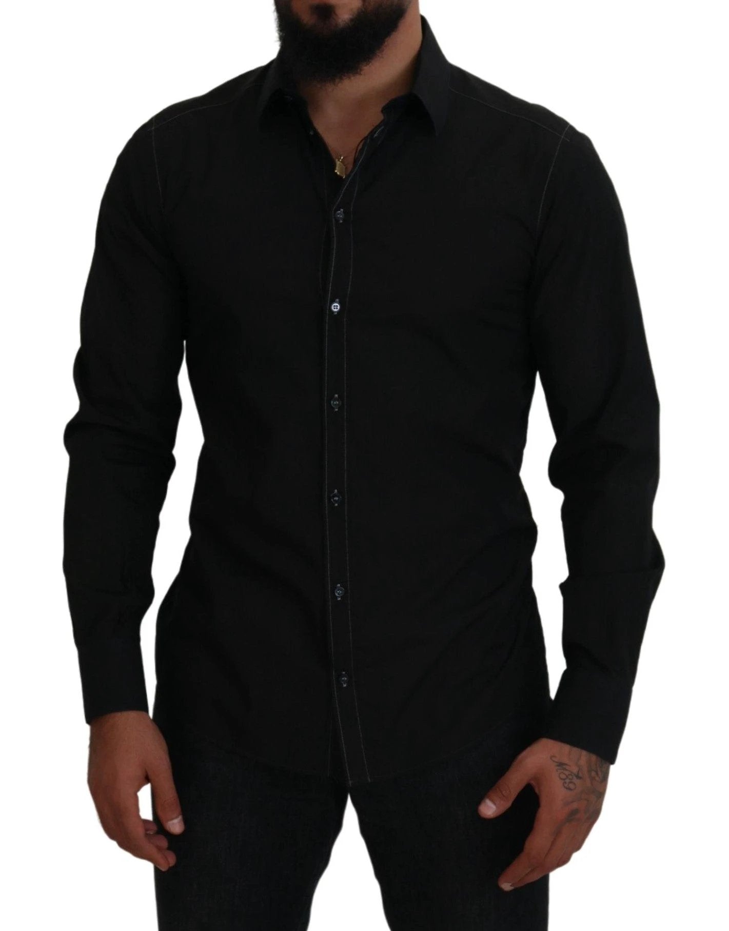 Dolce & Gabbana Black Cotton Collared Long Sleeve GOLD Shirt by Dolce & Gabbana