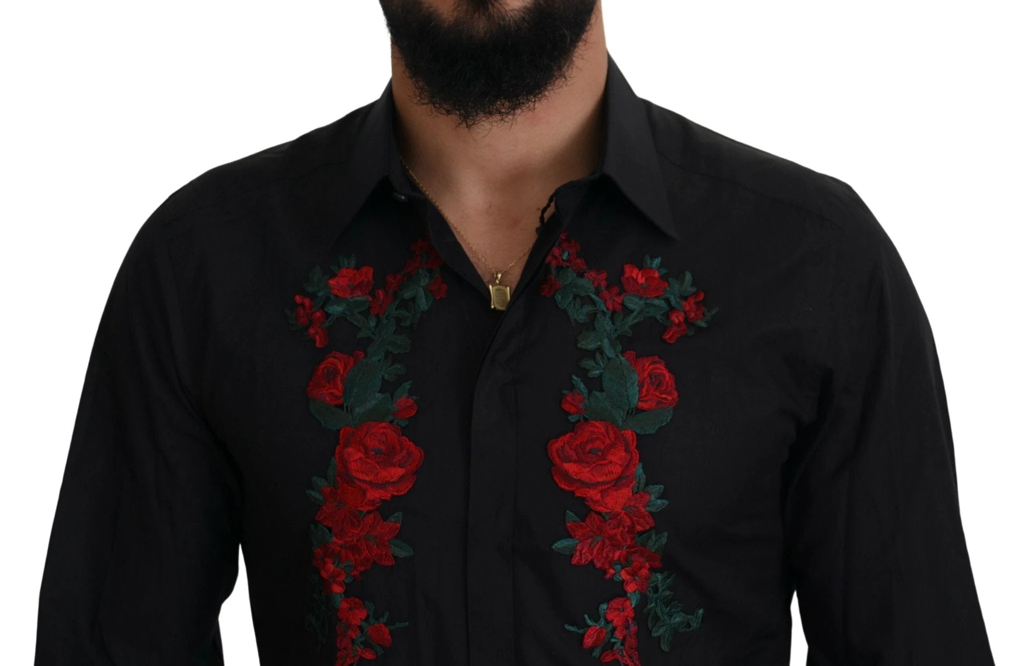 Dolce & Gabbana Black Floral Embroidery Men Long Sleeves GOLD Shirt by Dolce & Gabbana