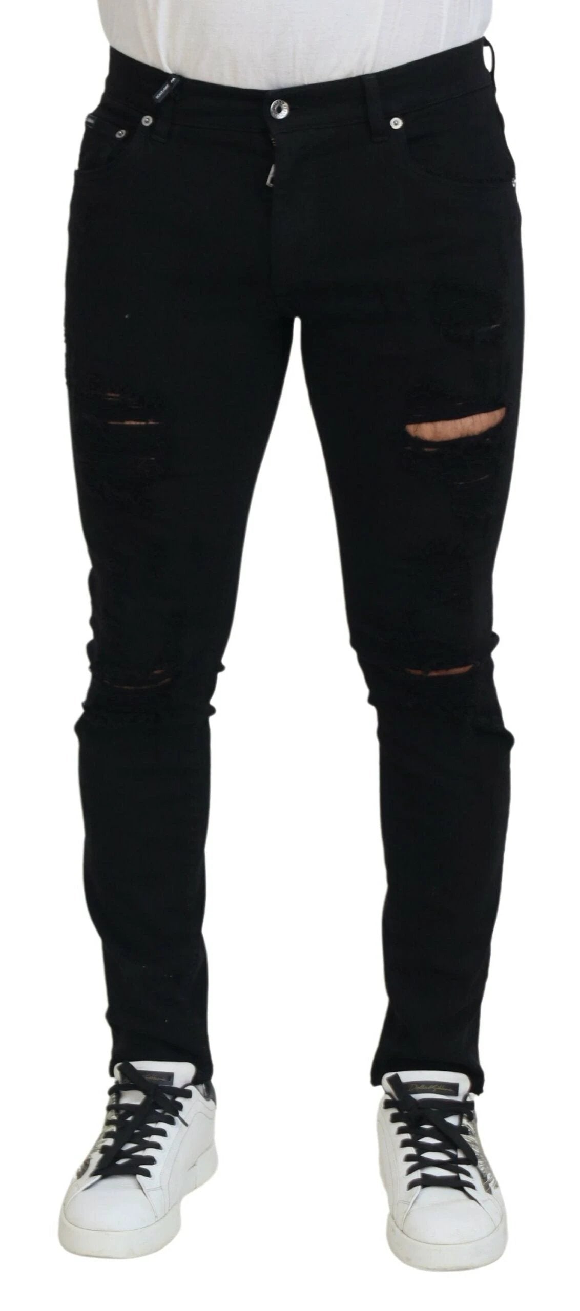 Dolce & Gabbana Black Slim Fit Tattered Denim Cotton Jeans by Dolce & Gabbana