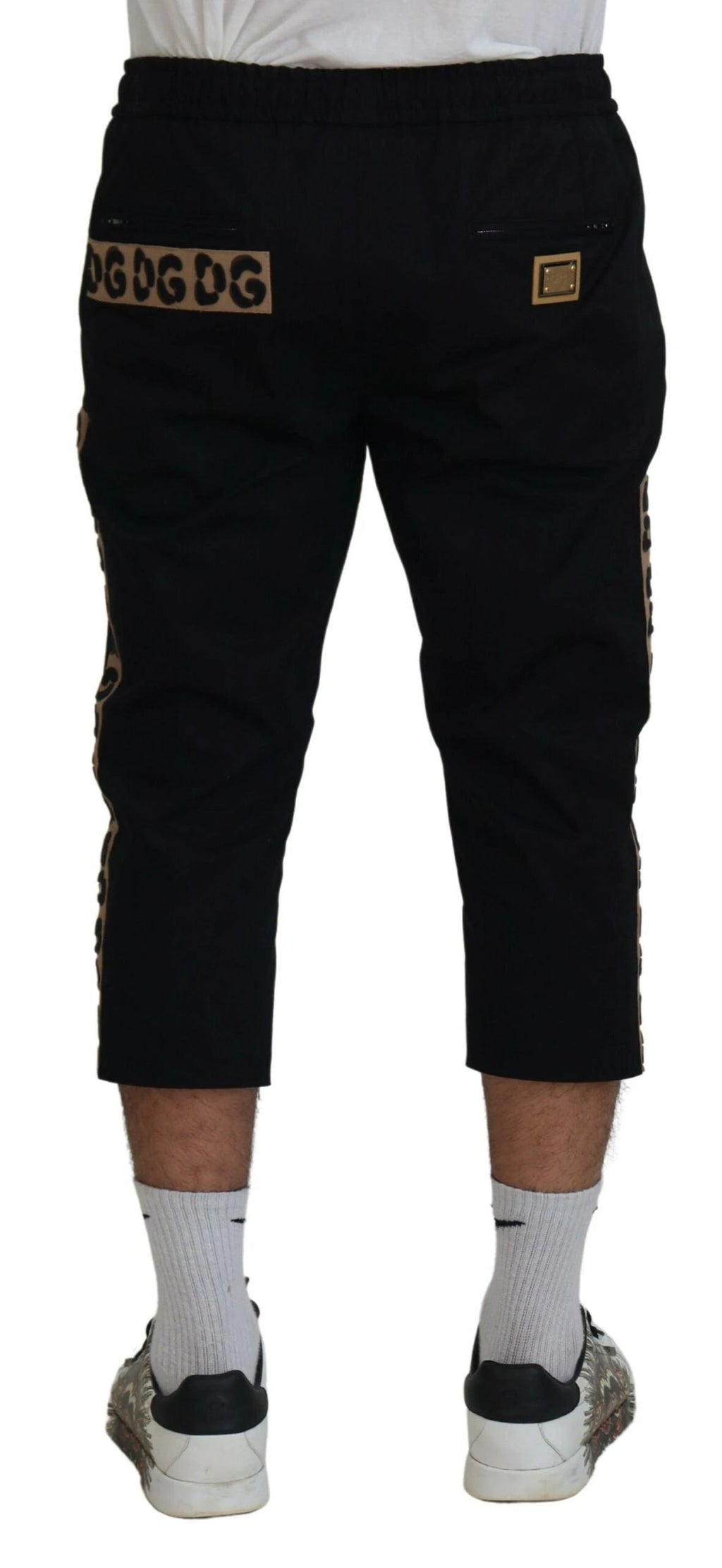 Dolce & Gabbana Black Cotton Elastic Waist DG Logo Cropped Pants by Dolce & Gabbana