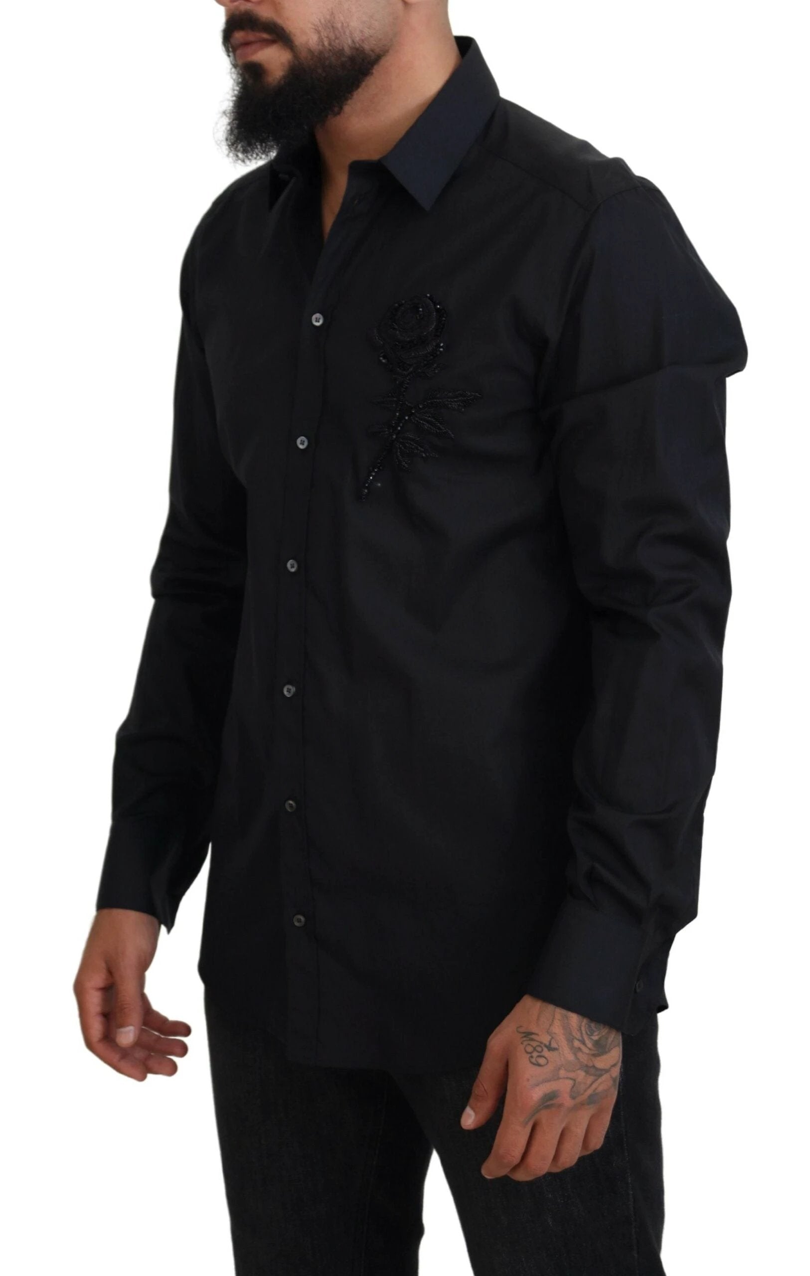Dolce & Gabbana Black Roses Slim Fit Cotton Shirt by Dolce & Gabbana