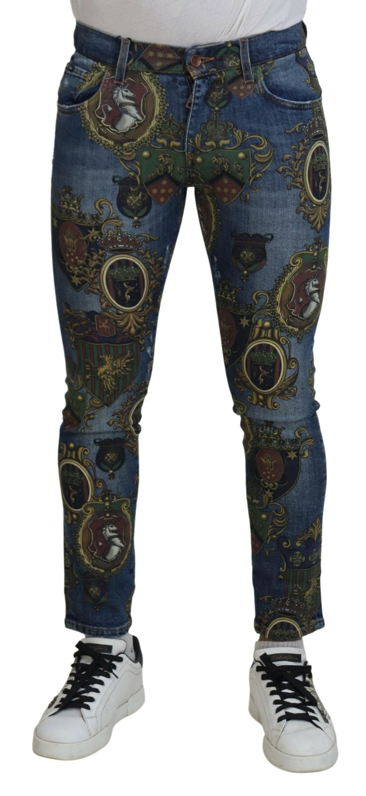 Dolce & Gabbana Blue Medal Print Slim Fit Cotton Jeans by Dolce & Gabbana
