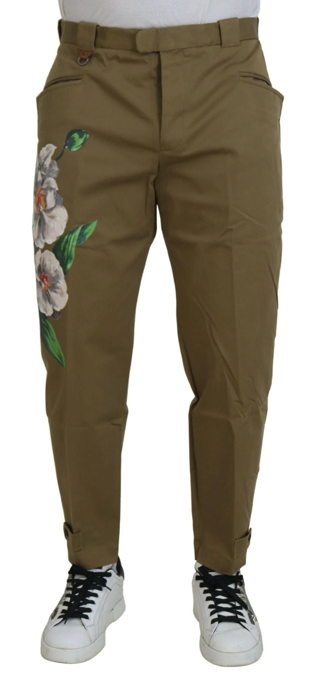 Dolce & Gabbana Beige Cotton Stretch Floral Chinos Pants by Dolce & Gabbana