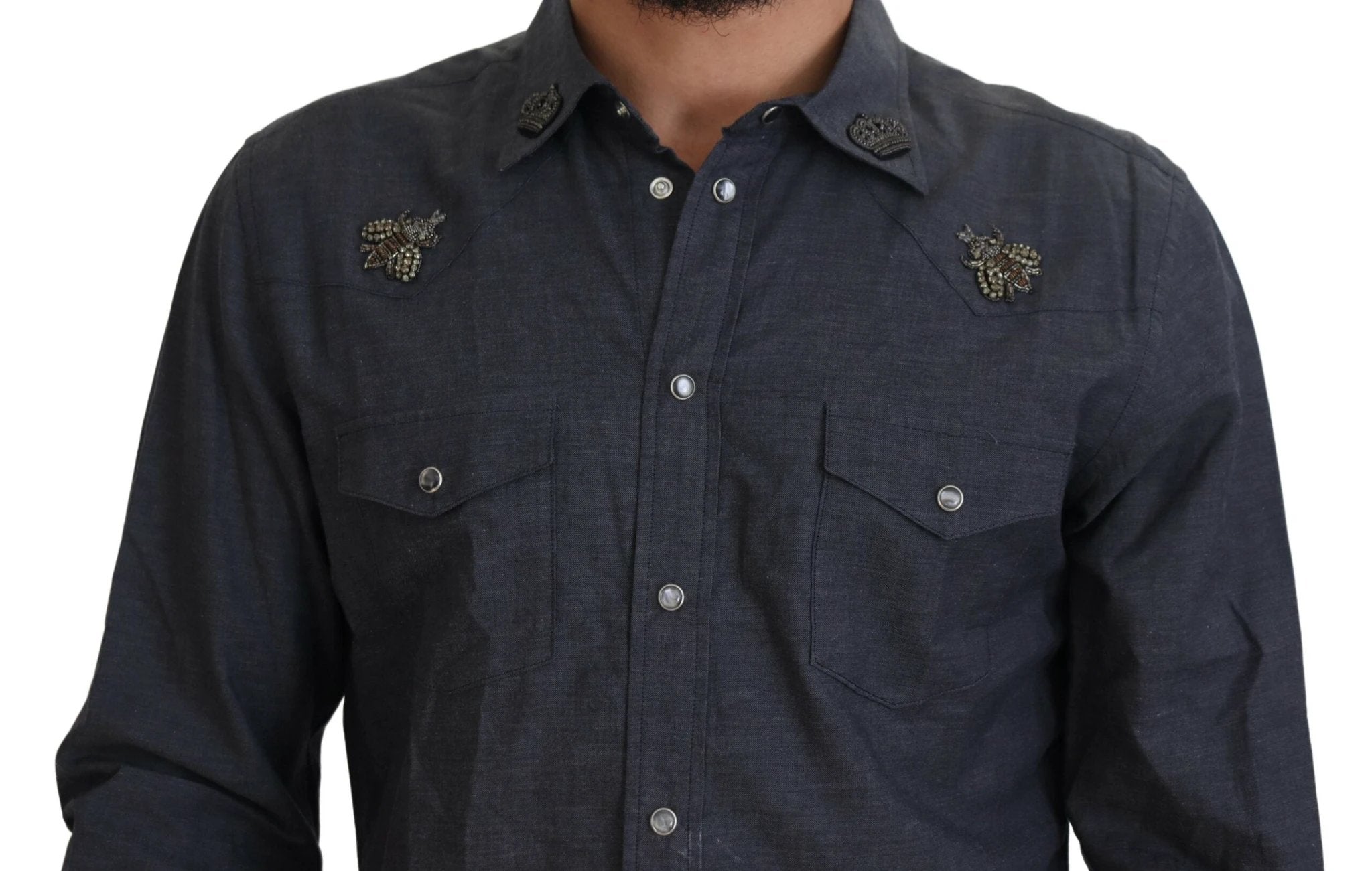 Dolce & Gabbana Blue Cotton Denim Crystal Bee Shirt by Dolce & Gabbana
