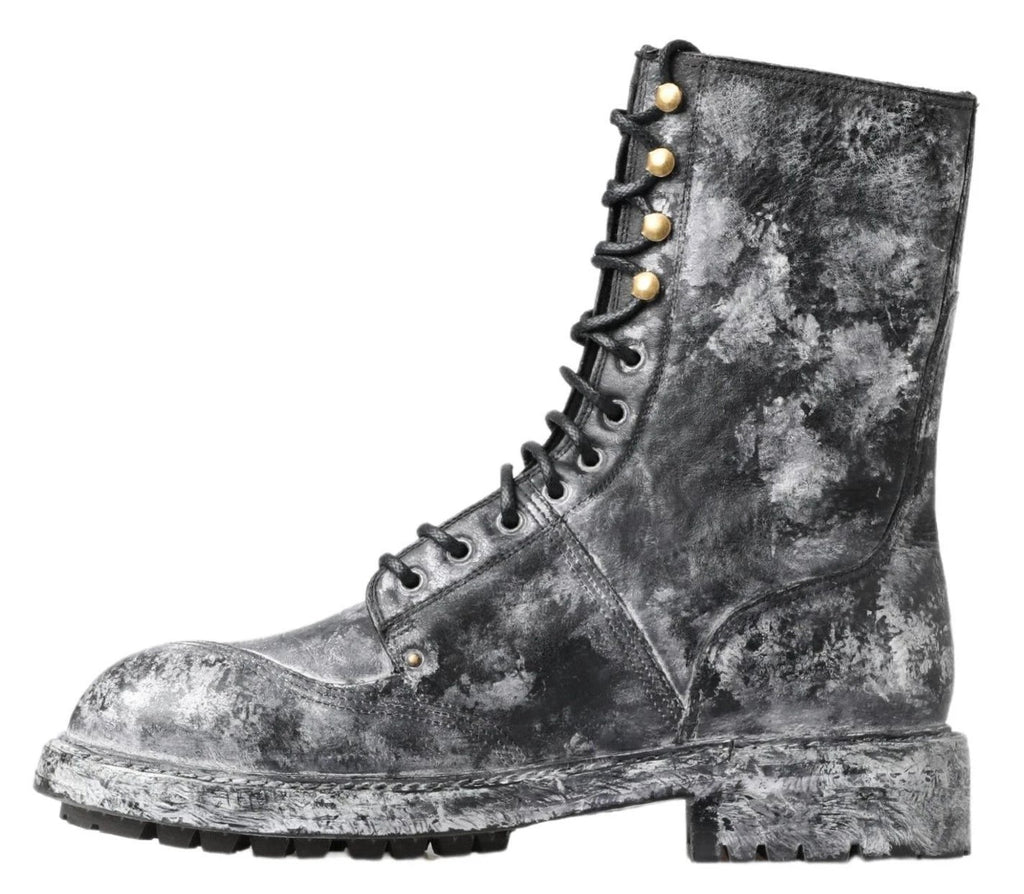 Dolce & Gabbana Black Gray Leather Mid Calf Boots Shoes by Dolce & Gabbana