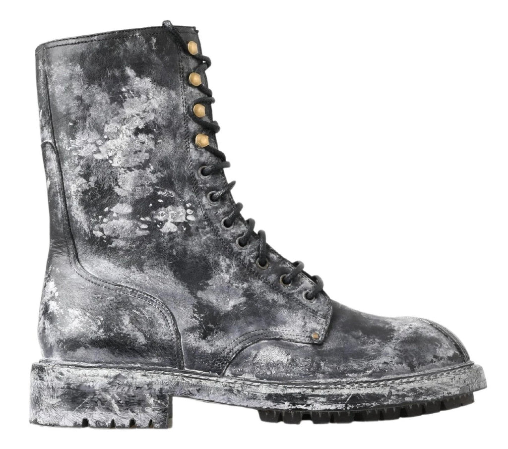 Dolce & Gabbana Black Gray Leather Mid Calf Boots Shoes by Dolce & Gabbana