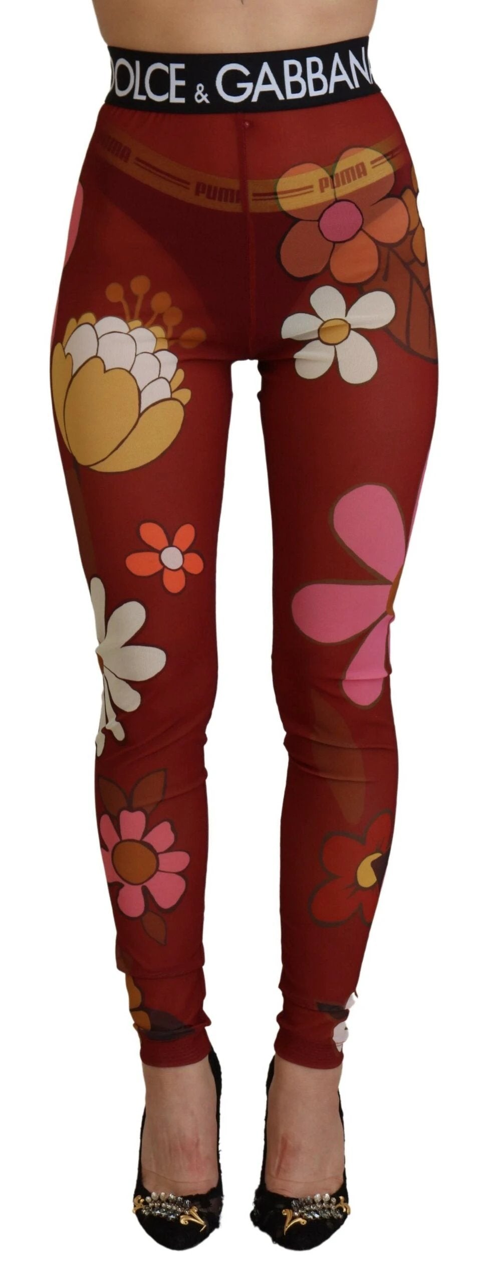 Dolce & Gabbana Red Floral Leggings Stretch Waist Pants by Dolce & Gabbana