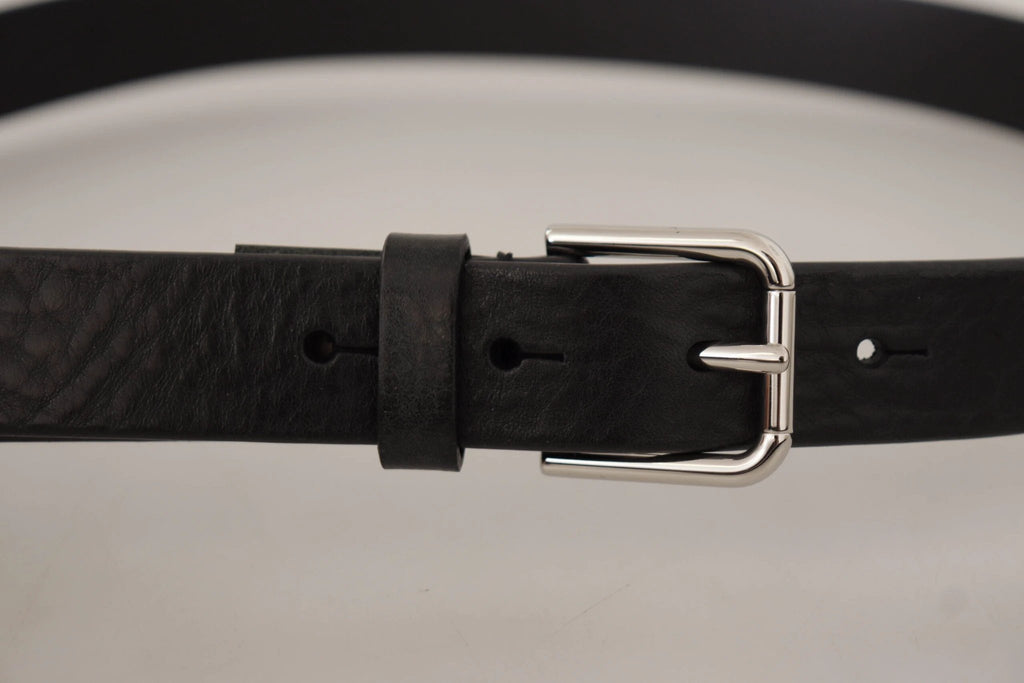 Dolce & Gabbana Black Calf Leather Silver Tone Logo Metal Buckle Belt by Dolce & Gabbana