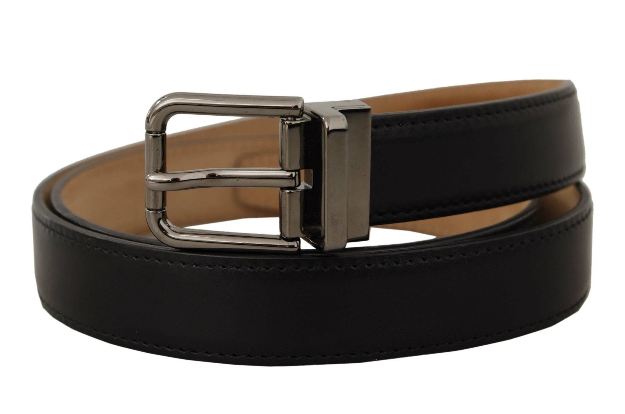 Dolce & Gabbana Black Calf Leather Logo Engraved Metal Buckle Belt by Dolce & Gabbana
