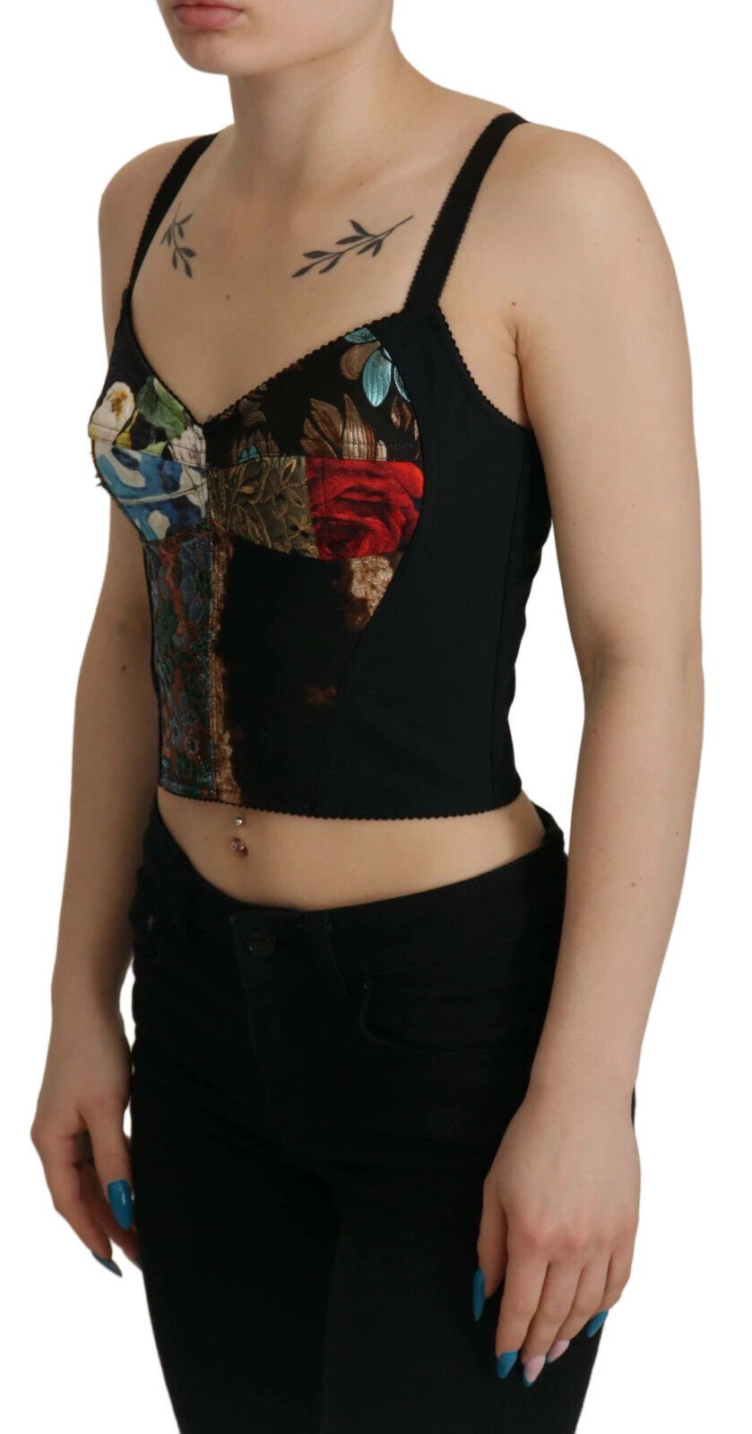 Dolce & Gabbana Black Patchwork Sicily Blouse Corset Cropped Top by Dolce & Gabbana