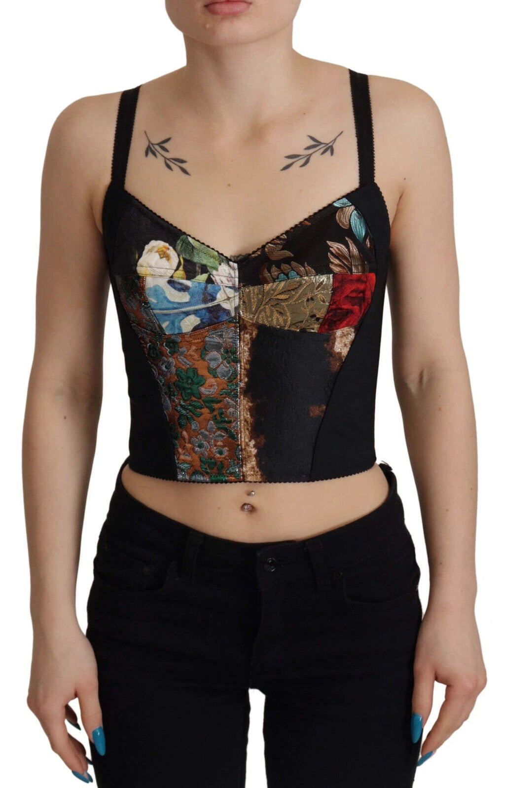 Dolce & Gabbana Black Patchwork Sicily Blouse Corset Cropped Top by Dolce & Gabbana