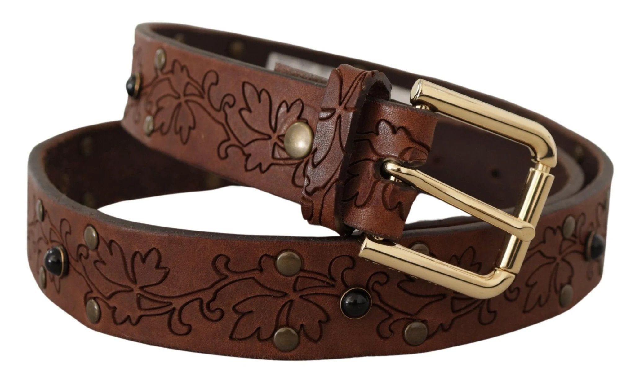 Dolce & Gabbana Brown Leather Floral Studded Metal Buckle Belt by Dolce & Gabbana