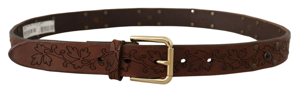 Dolce & Gabbana Brown Leather Floral Studded Metal Buckle Belt by Dolce & Gabbana