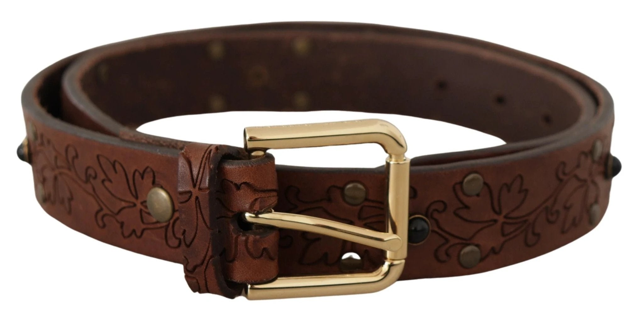 Dolce & Gabbana Brown Leather Floral Studded Metal Buckle Belt by Dolce & Gabbana