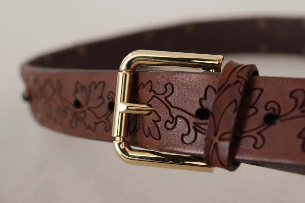 Dolce & Gabbana Brown Leather Floral Studded Metal Buckle Belt by Dolce & Gabbana