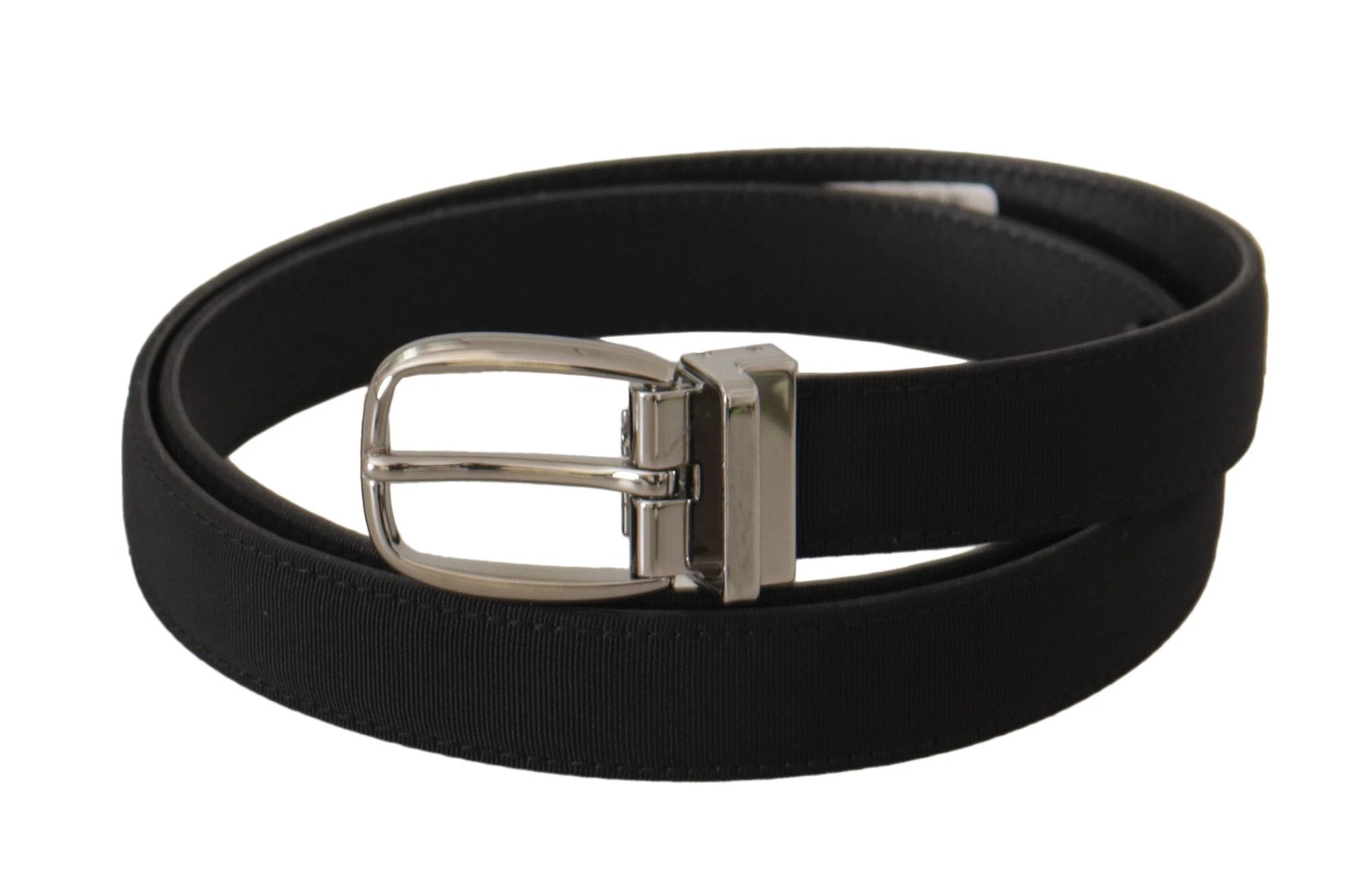 Dolce & Gabbana Black Calf Canvas Silver Tone Logo Metal Belt by Dolce & Gabbana