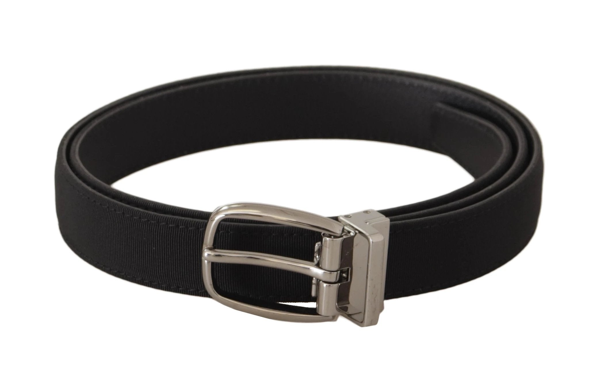 Dolce & Gabbana Black Calf Canvas Silver Tone Logo Metal Belt by Dolce & Gabbana