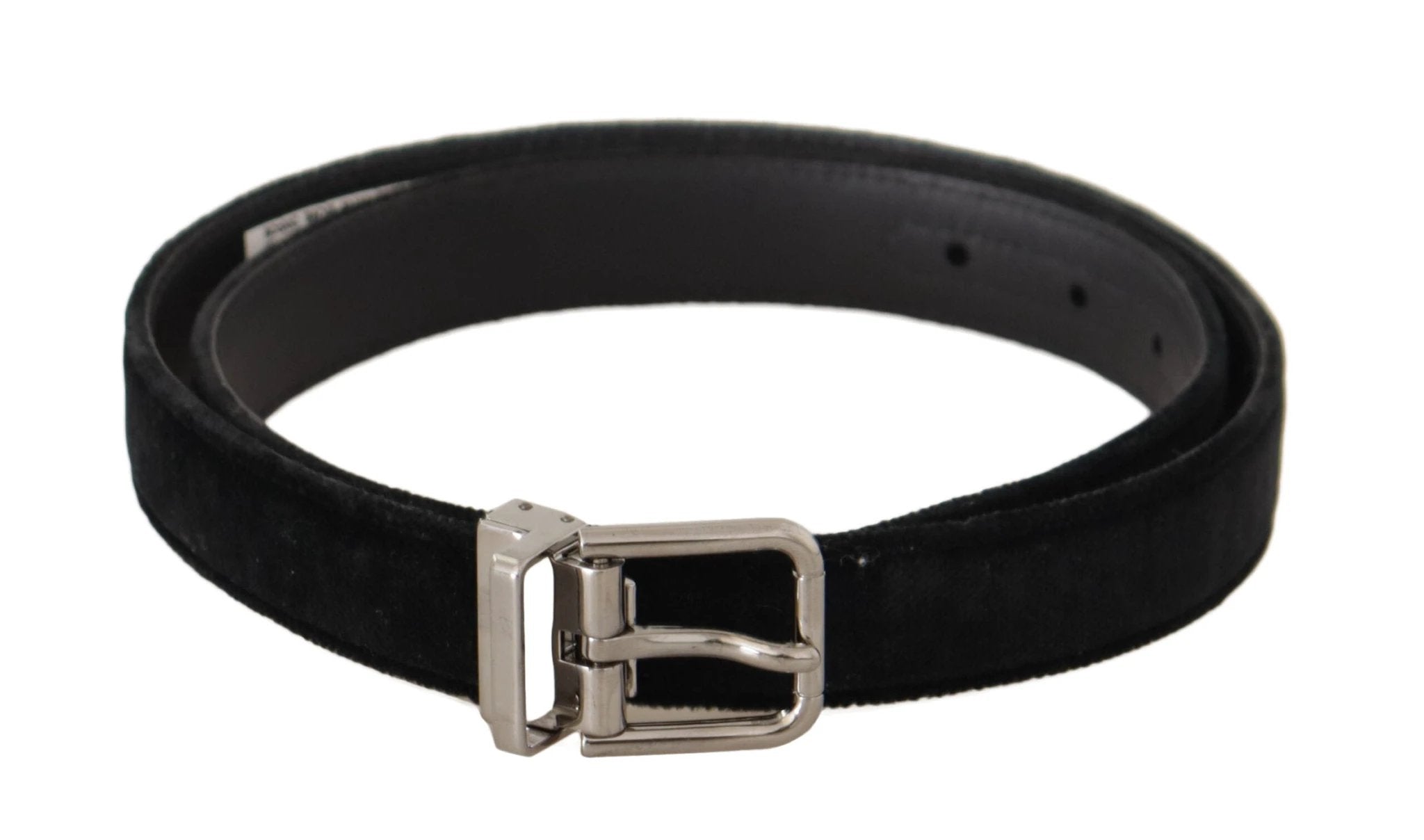 Dolce & Gabbana Black Casual Velvet Silver Metal Logo Buckle Belt by Dolce & Gabbana