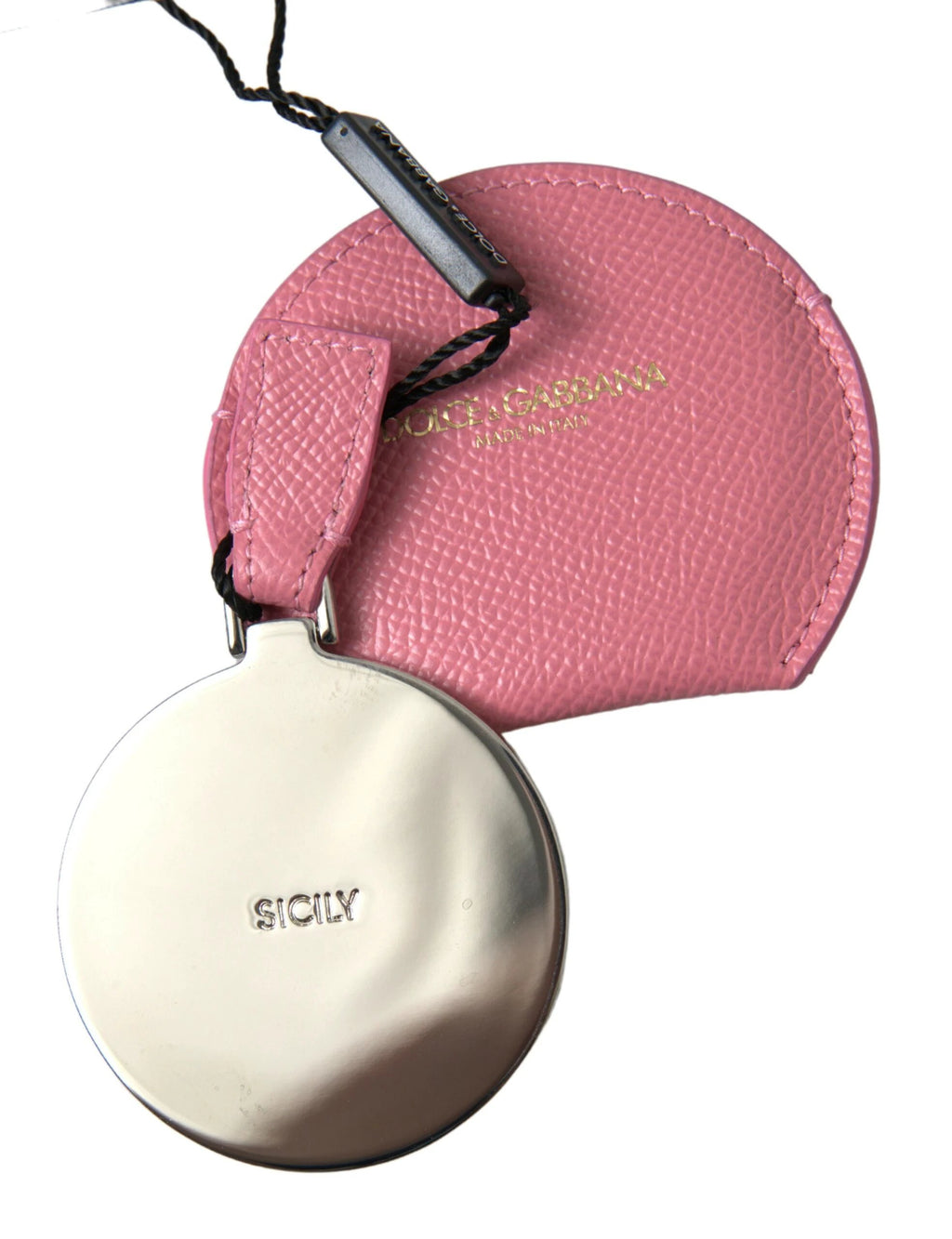 Dolce & Gabbana Pink Calfskin Leather Round Logo Print Hand Mirror Holder by Dolce & Gabbana