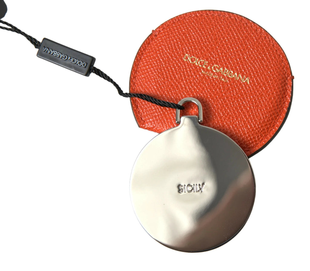 Dolce & Gabbana Orange Calfskin Leather Round Logo Hand Mirror Holder by Dolce & Gabbana