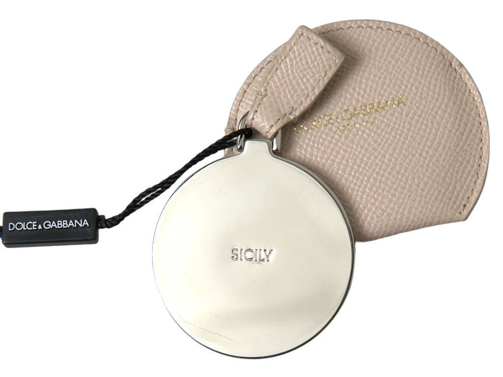 Dolce & Gabbana Beige Calfskin Leather Round Logo Hand Mirror Holder by Dolce & Gabbana