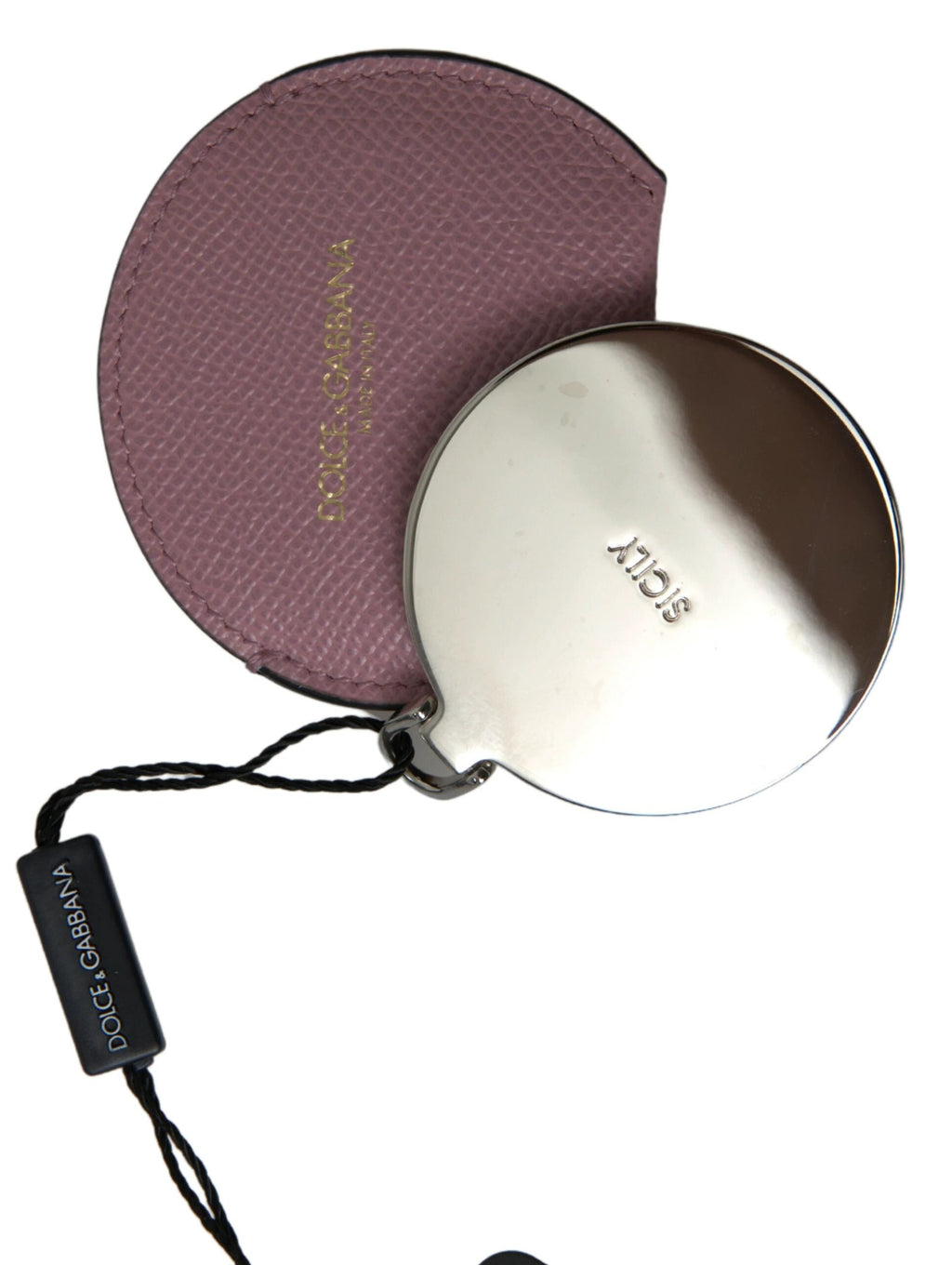 Dolce & Gabbana Pink Calfskin Leather Round Logo Print Hand Mirror Holder by Dolce & Gabbana