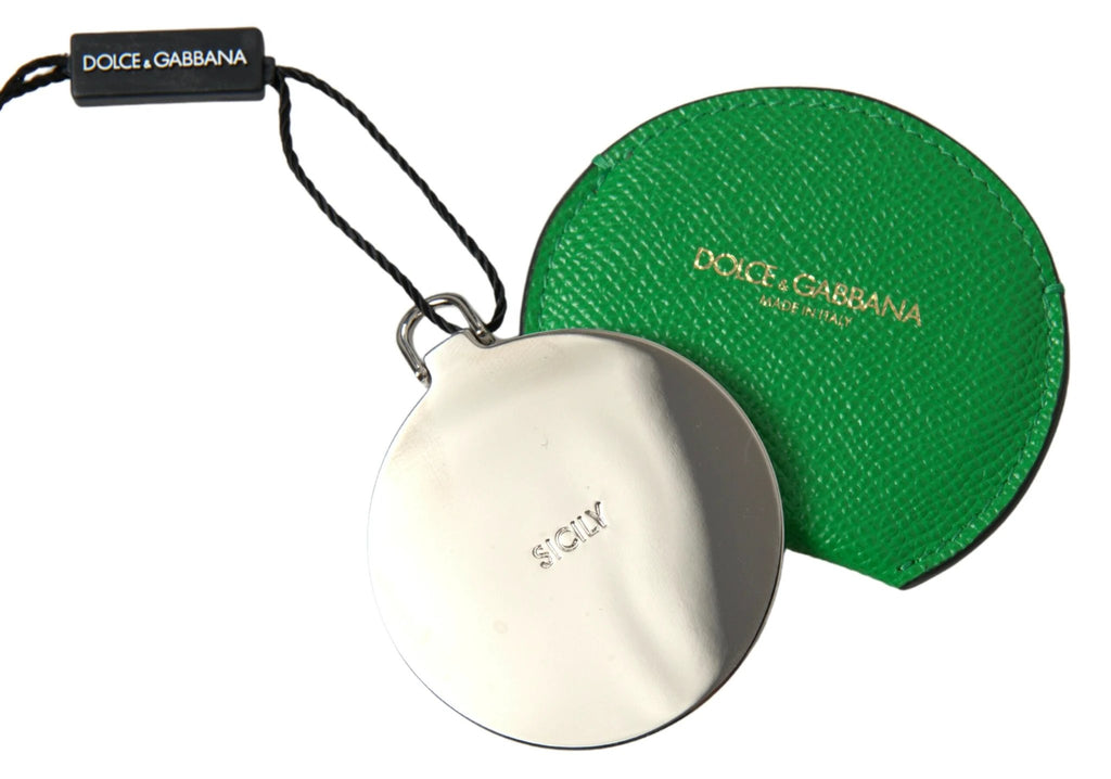 Dolce & Gabbana Green Calfskin Leather Round Logo Hand Mirror Holder by Dolce & Gabbana