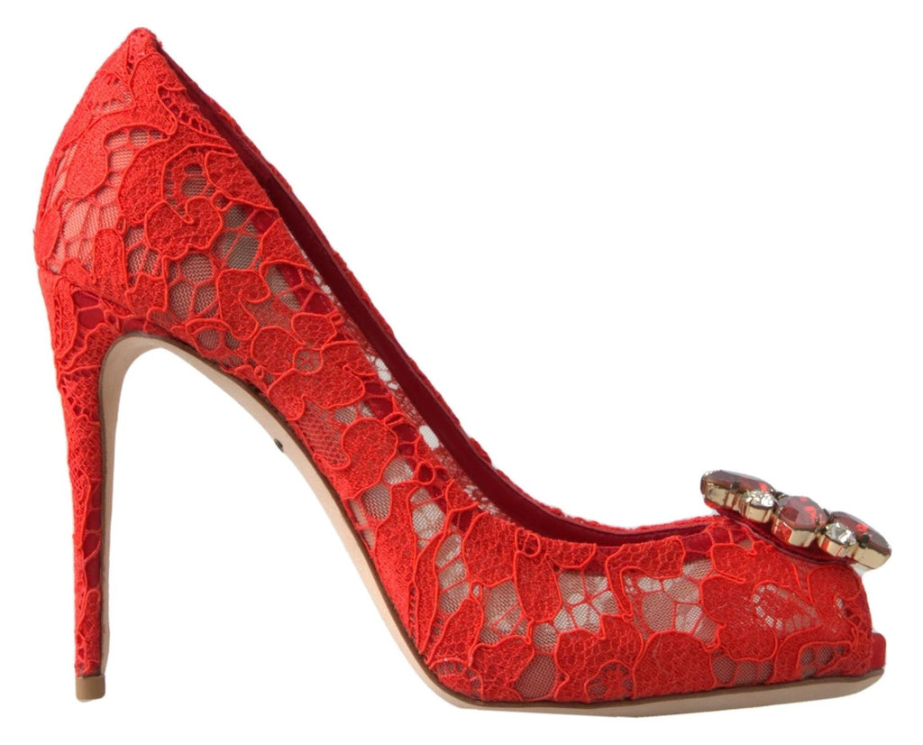 Dolce & Gabbana Red Taormina Lace Crystal Heels Pumps Shoes by Dolce & Gabbana