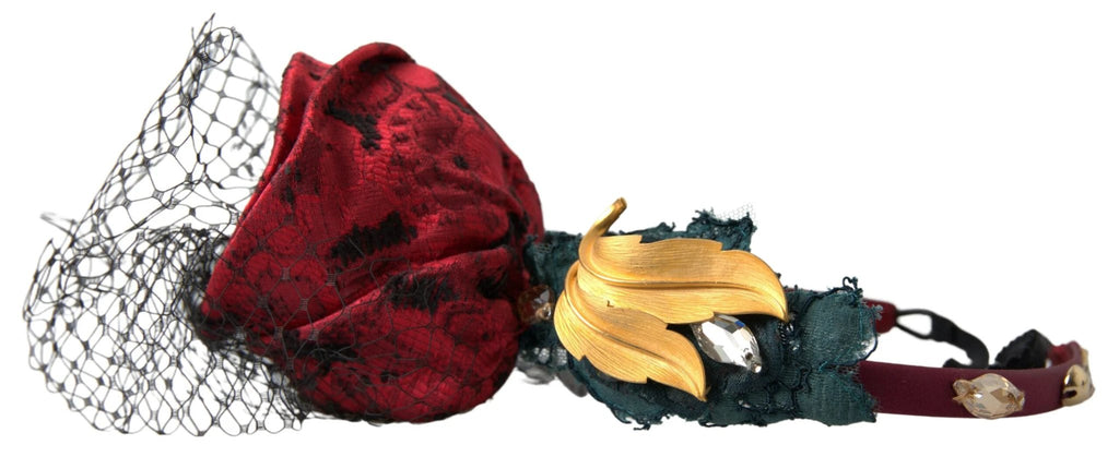 Dolce & Gabbana Red with multicolor Rose Silk Crystal Netted Logo Diadem Headband by Dolce & Gabbana