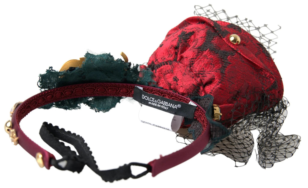 Dolce & Gabbana Red with multicolor Rose Silk Crystal Netted Logo Diadem Headband by Dolce & Gabbana
