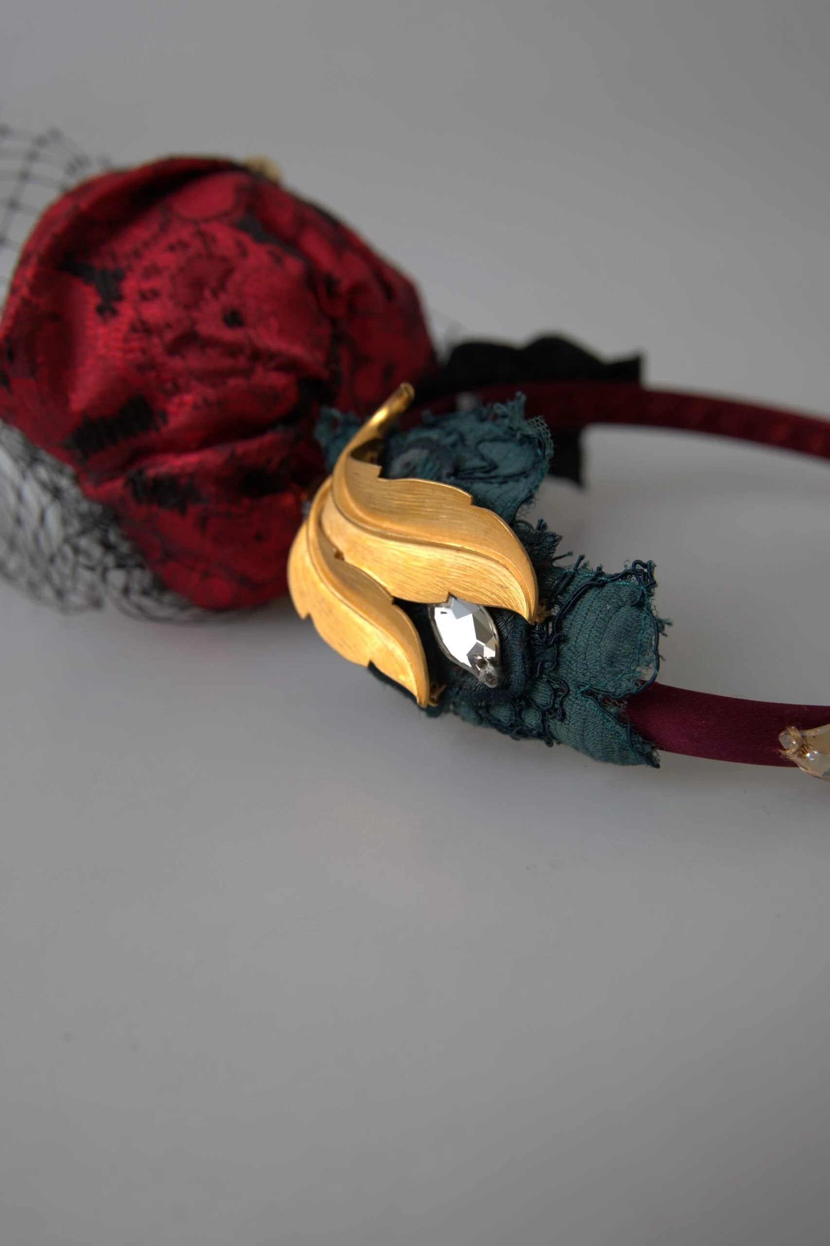 Dolce & Gabbana Red with multicolor Rose Silk Crystal Netted Logo Diadem Headband by Dolce & Gabbana